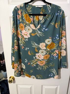 fun 2 fun Teal Floral V-Neck Long Sleeve Blouse